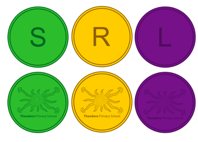 Image of three coloured tokens, front and back, green, yellow and purple